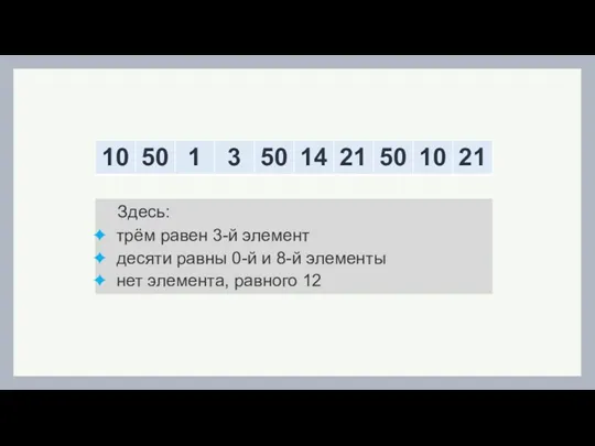 Здесь: трём равен 3-й элемент десяти равны 0-й и 8-й элементы нет элемента, равного 12