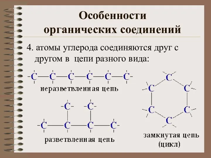 Особенности органических соединений 4. атомы углерода соединяются друг с другом в цепи разного вида: