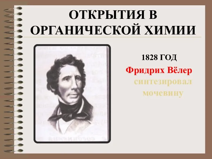 ОТКРЫТИЯ В ОРГАНИЧЕСКОЙ ХИМИИ 1828 ГОД Фридрих Вёлер синтезировал мочевину
