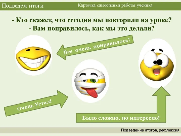 Подведем итоги Подведение итогов, рефлексия - Кто скажет, что сегодня