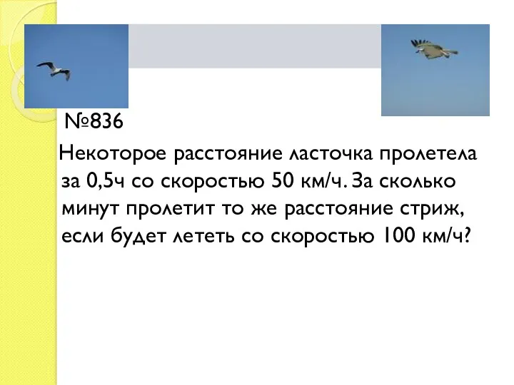 №836 Некоторое расстояние ласточка пролетела за 0,5ч со скоростью 50