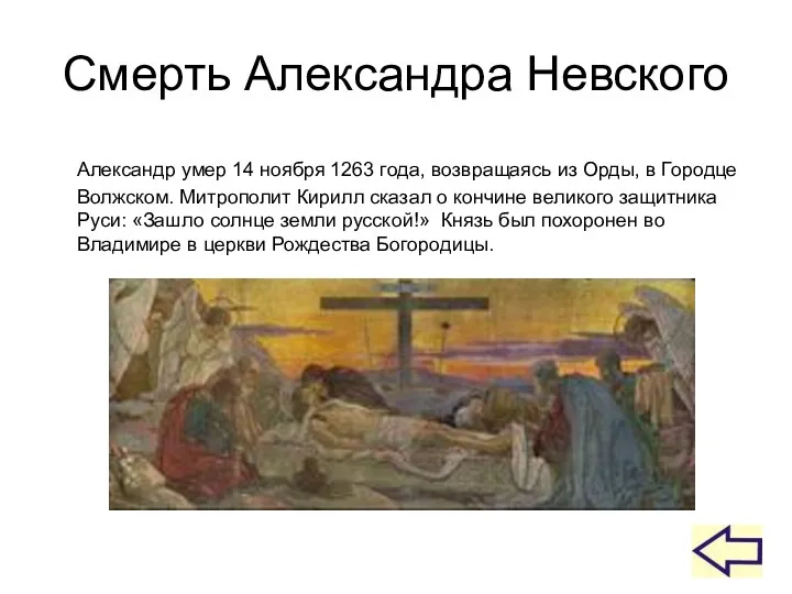 Смерть Александра Невского Александр умер 14 ноября 1263 года, возвращаясь