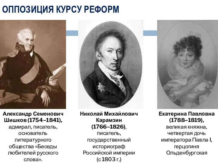 ОППОЗИЦИЯ КУРСУ РЕФОРМ Александр Семенович Шишков (1754–1841), адмирал, писатель, основатель