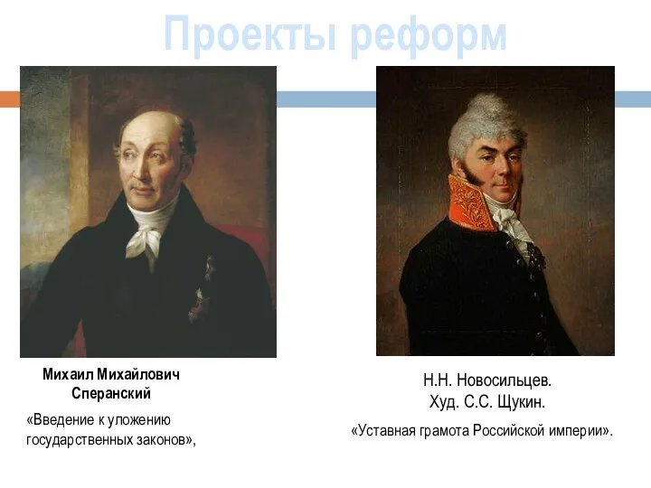 Проекты реформ Михаил Михайлович Сперанский Н.Н. Новосильцев. Худ. С.С. Щукин.