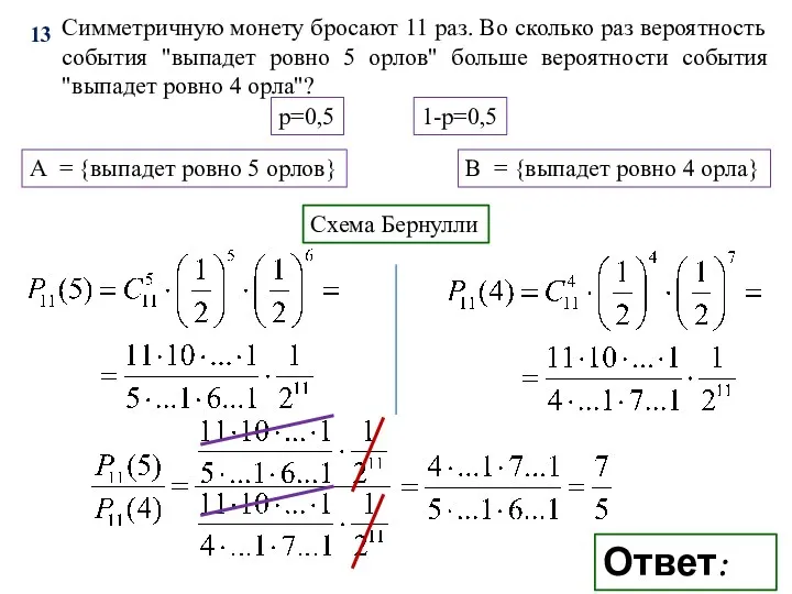 13 Ответ: 1,4 Симметричную монету бросают 11 раз. Во сколько