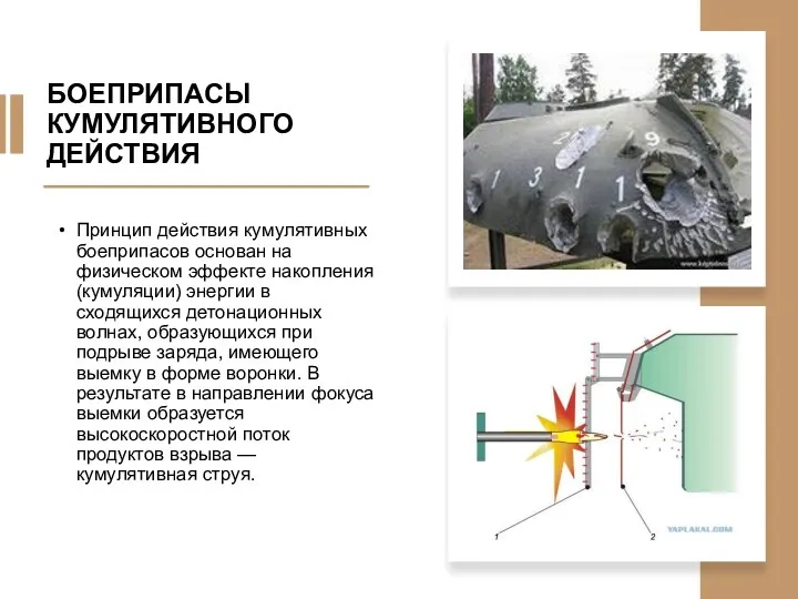 БОЕПРИПАСЫ КУМУЛЯТИВНОГО ДЕЙСТВИЯ Принцип действия кумулятивных боеприпасов основан на физическом