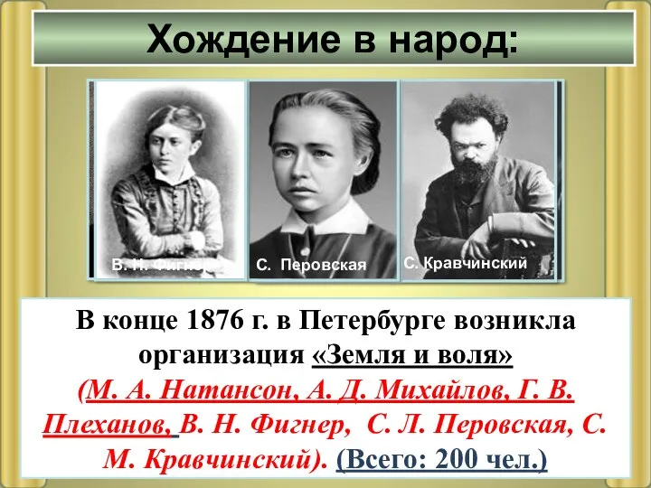 В конце 1876 г. в Петербурге возникла организация «Земля и воля» (М. А.