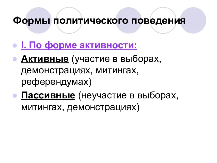 Формы политического поведения I. По форме активности: Активные (участие в выборах, демонстрациях, митингах,