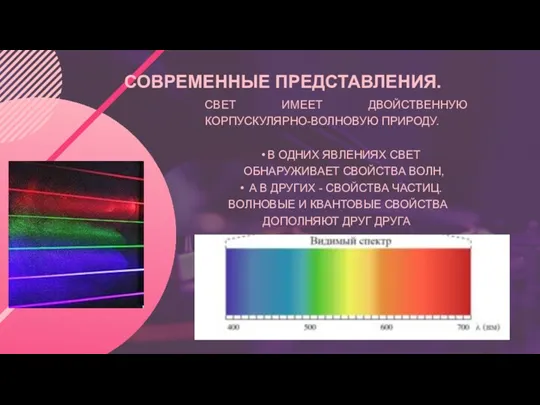 СОВРЕМЕННЫЕ ПРЕДСТАВЛЕНИЯ. СВЕТ ИМЕЕТ ДВОЙСТВЕННУЮ КОРПУСКУЛЯРНО-ВОЛНОВУЮ ПРИРОДУ. В ОДНИХ ЯВЛЕНИЯХ