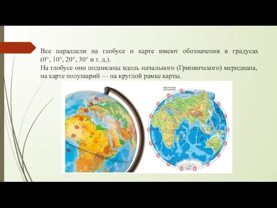 Все параллели на глобусе и карте имеют обозначения в градусах