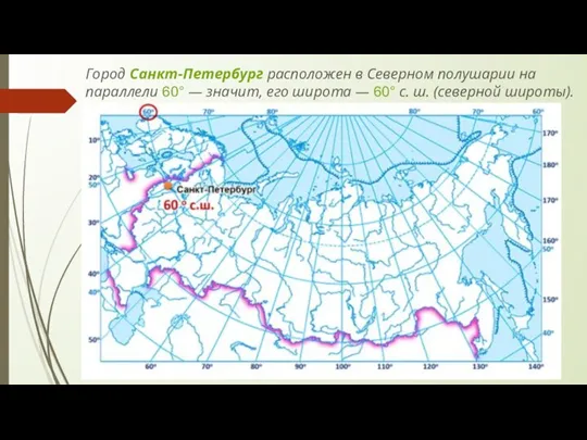 Город Санкт-Петербург расположен в Северном полушарии на параллели 60° —