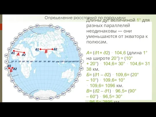 Определение расстояний по параллели Длины дуг величиной 1° для разных