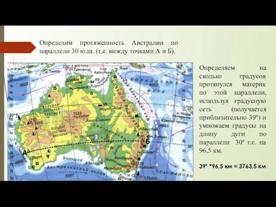 Определим протяженность Австралии по параллели 30 ю.ш. (т.е. между точками