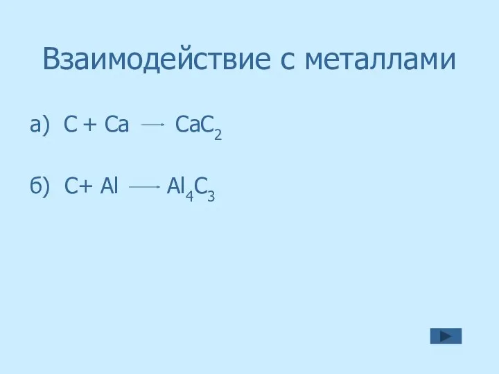 Взаимодействие с металлами а) С + Са СаС2 б) С+ Аl Al4C3