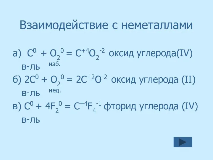 Взаимодействие с неметаллами а) С0 + О20 = С+4О2-2 оксид