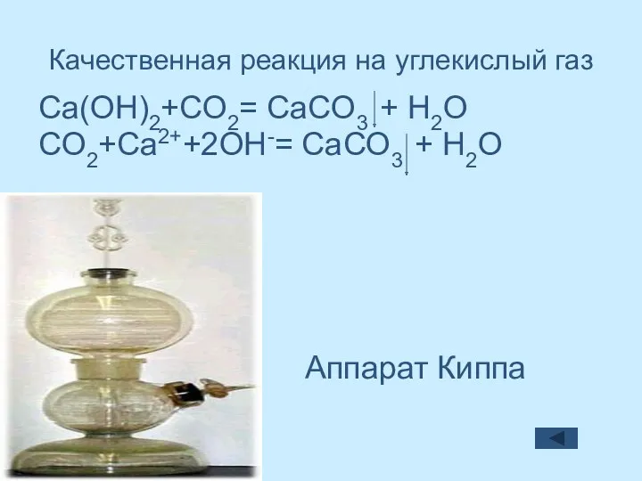Качественная реакция на углекислый газ Сa(OH)2+CO2= CaCO3 + H2O CO2+Ca2++2OH-= CaCO3 + H2O Аппарат Киппа