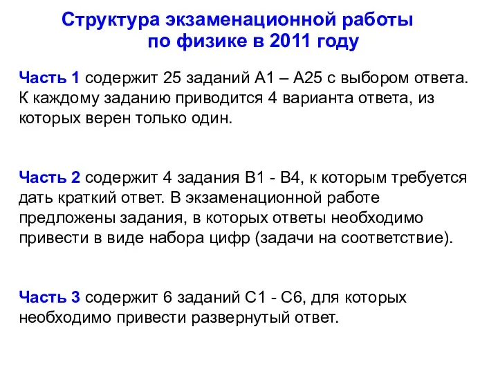 Структура экзаменационной работы по физике в 2011 году Часть 1