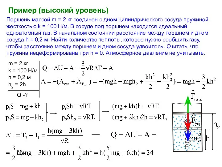 Поршень массой m = 2 кг соединен с дном цилиндрического