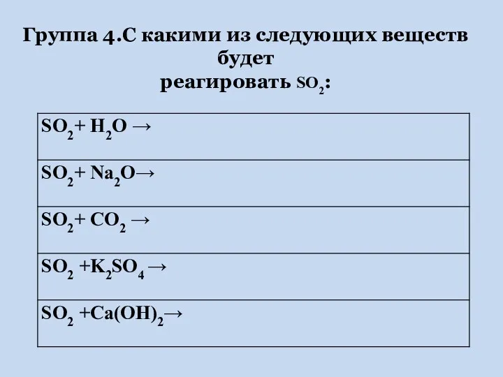 Группа 4.С какими из следующих веществ будет реагировать SO2: