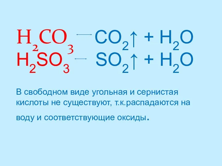 H2CO3 CO2↑ + H2O H2SO3 SO2↑ + H2O В свободном