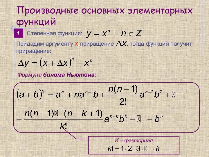 Производные основных элементарных функций 1 Формула бинома Ньютона: Степенная функция: K – факториал