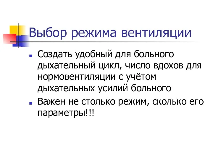 Выбор режима вентиляции Создать удобный для больного дыхательный цикл, число