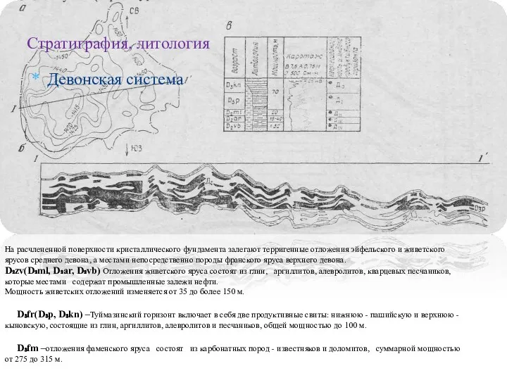 Девонская система Стратиграфия, литология На расчлененной поверхности кристаллического фундамента залегают