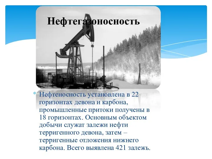 Нефтеносность установлена в 22 горизонтах девона и карбона, промышленные притоки