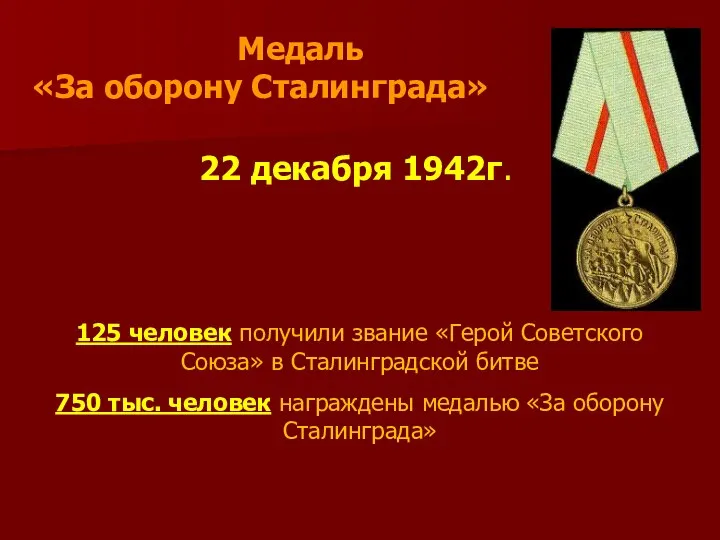 22 декабря 1942г. 125 человек получили звание «Герой Советского Союза»