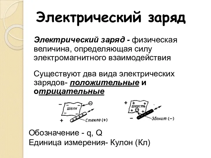 Электрический заряд Электрический заряд - физическая величина, определяющая силу электромагнитного