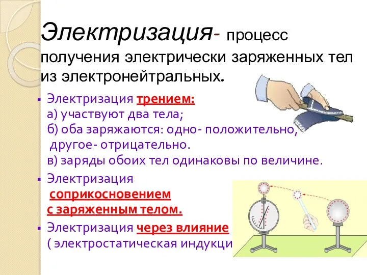 Электризация- процесс получения электрически заряженных тел из электронейтральных. Электризация трением: