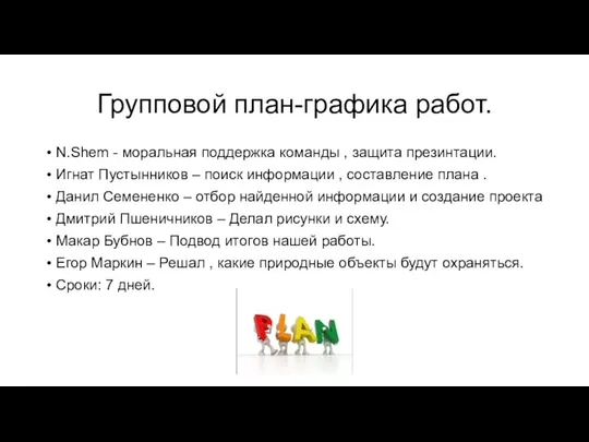 Групповой план-графика работ. N.Shem - моральная поддержка команды , защита