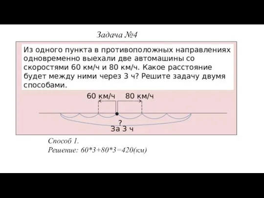 Способ 1. Решение: 60*3+80*3=420(км) Задача №4