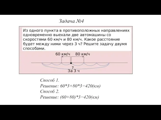 Способ 1. Решение: 60*3+80*3=420(км) Способ 2. Решение: (60+80)*3=420(км) Задача №4