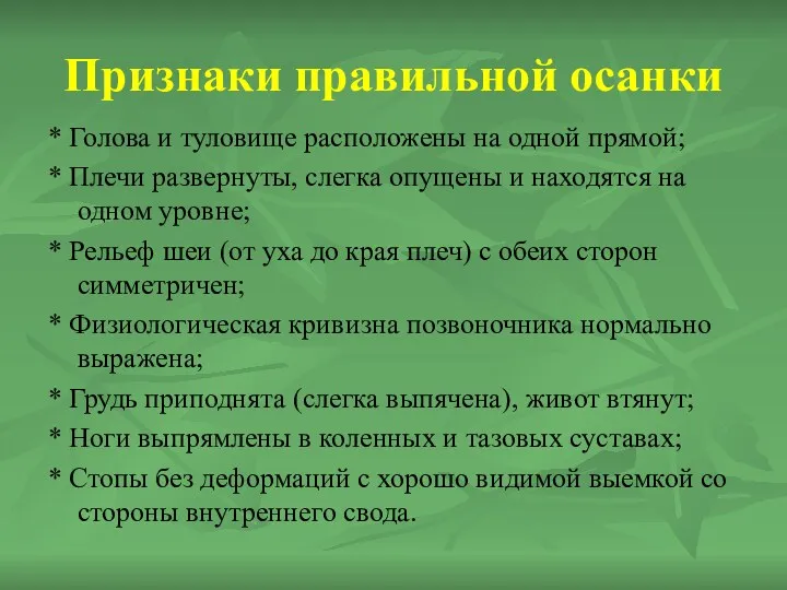 Признаки правильной осанки * Голова и туловище расположены на одной