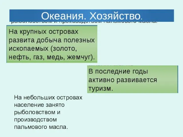 На небольших островах население занято рыболовством и производством пальмового масла.