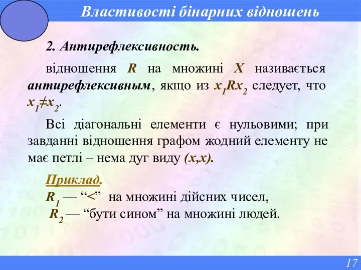 Властивості бінарних відношень 2. Антирефлексивность. відношення R на множині X