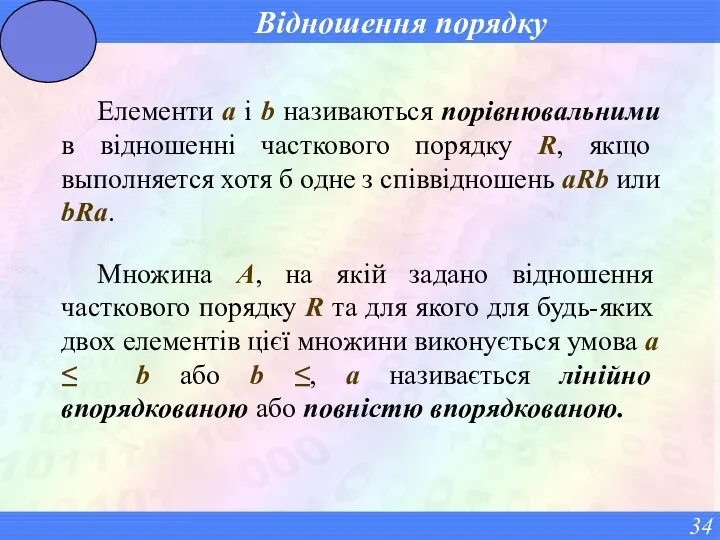 Відношення порядку Елементи a і b називаються порівнювальними в відношенні