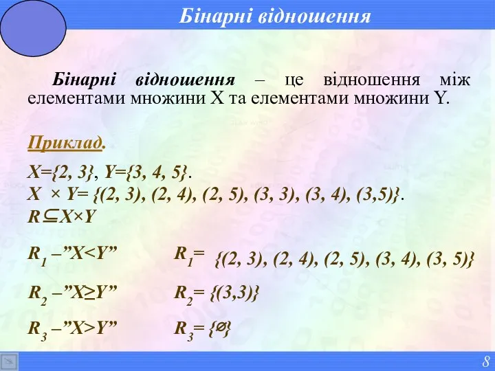 Бінарні відношення Бінарні відношення – це відношення між елементами множини