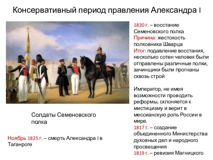 Консервативный период правления Александра I Солдаты Семеновского полка 1820 г.