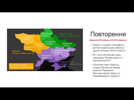 Повторення Назвіть історико-географічні регіони українських земель у другій половині XVIII