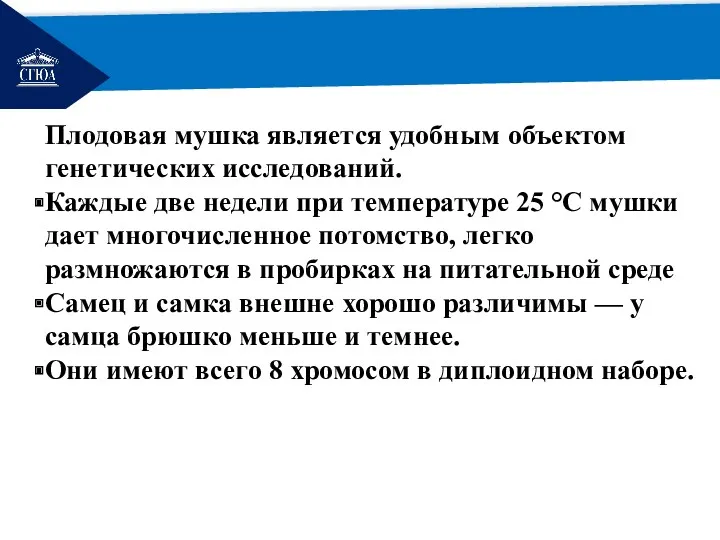 РЕМОНТ Плодовая мушка является удобным объектом генетических исследований. Каждые две