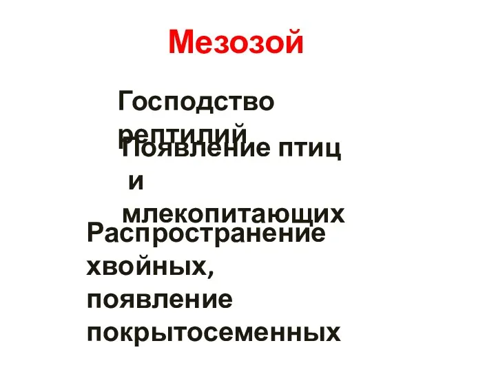 Господство рептилий Мезозой Появление птиц и млекопитающих Распространение хвойных, появление покрытосеменных