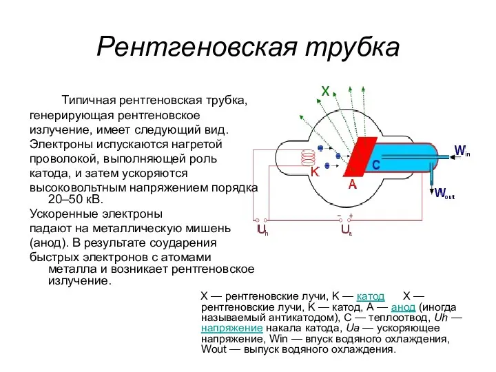 Рентгеновская трубка Типичная рентгеновская трубка, генерирующая рентгеновское излучение, имеет следующий