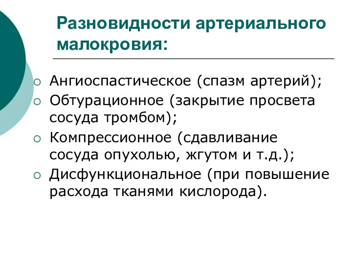 Разновидности артериального малокровия: Ангиоспастическое (спазм артерий); Обтурационное (закрытие просвета сосуда