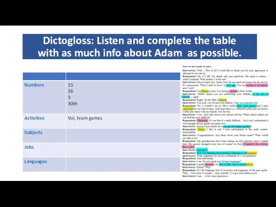 Dictogloss: Listen and complete the table with as much info about Adam as possible.
