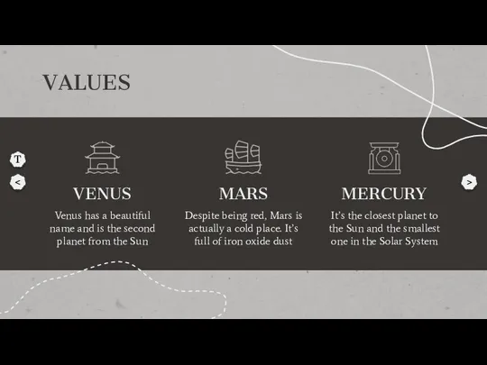 VALUES VENUS MARS Venus has a beautiful name and is