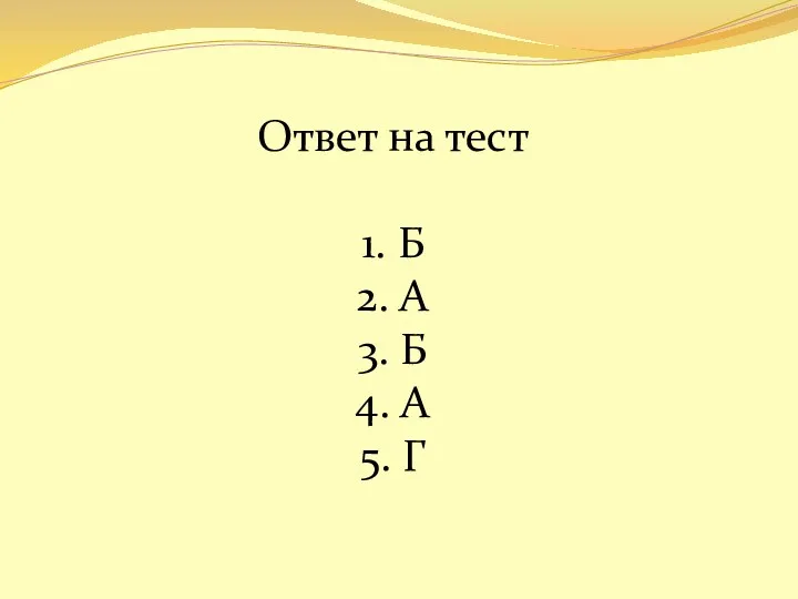 Ответ на тест 1. Б 2. А 3. Б 4. А 5. Г