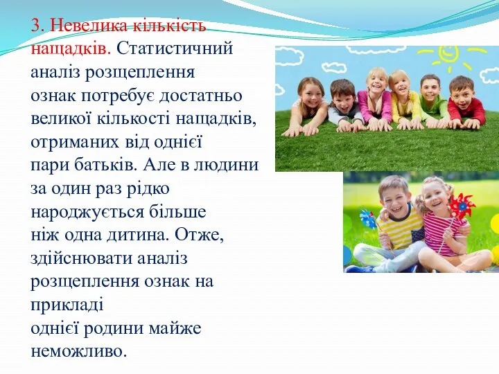 3. Невелика кількість нащадків. Статистичний аналіз розщеплення ознак потребує достатньо великої кількості нащадків,