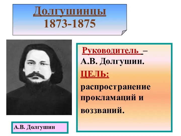 Долгушинцы 1873-1875 А.В. Долгушин Руководитель – А.В. Долгушин. ЦЕЛЬ: распространение прокламаций и воззваний.